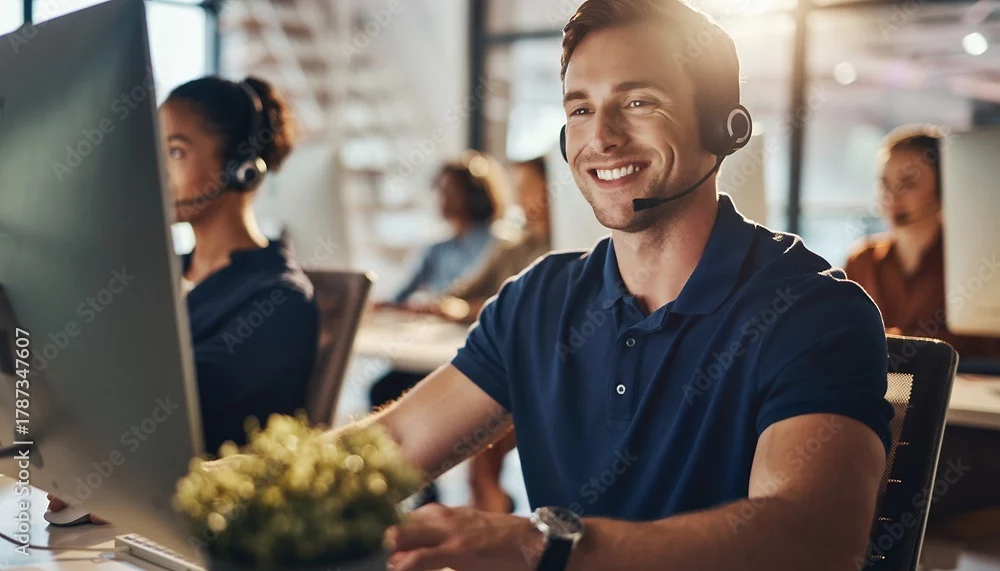 Mitarbeiter mit Headset arbeitet lächelnd am Computer, weitere Kolleginnen und Kollegen im Hintergrund.
