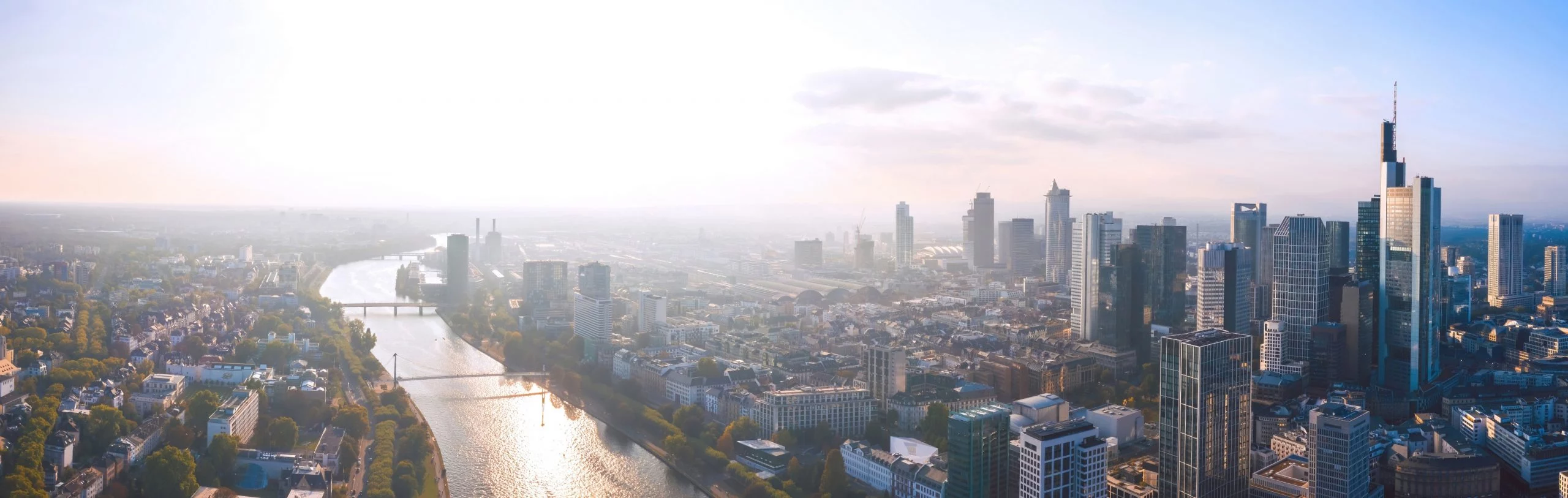 Luftaufnahme von Frankfurt am Main mit Main, Brücken und Skyline bei hellem Tageslicht.