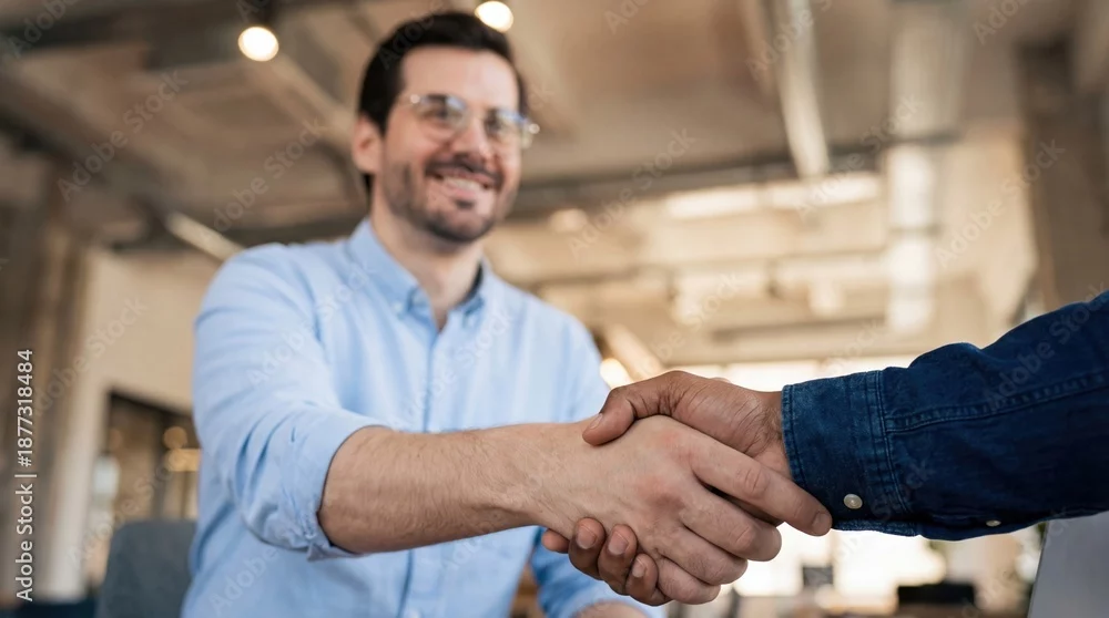 Zwei Personen geben sich die Hand, im Hintergrund sitzt ein lächelnder Mann in einem modernen Büro.