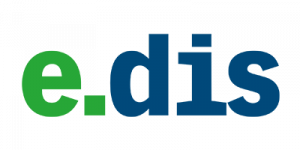 Logo von E.DIS in grüner und blauer Schrift auf weißem Hintergrund.