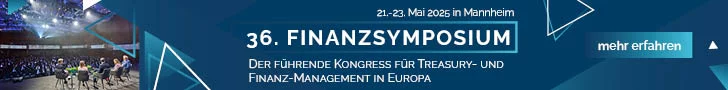 Banner zum 36. Finanzsymposium am 21. bis 23. Mai 2025 in Mannheim mit Hinweis auf den führenden Kongress für Treasury und Finanz-Management in Europa.