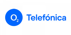 Logo von Telefónica Deutschland in blauer Schrift mit drei Punkten auf schwarzem Hintergrund.