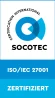 SOCOTEC Zertifikat ISO/IEC 27001 mit Hinweis „zertifiziert“ für Informationssicherheitsmanagement.