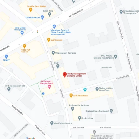 Kartenausschnitt mit markiertem Standort der Trinity Management Systems GmbH an der Hansaallee in Frankfurt am Main.